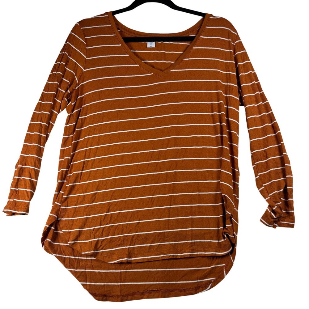 Old Navy Luxe Tunic Top Women's M Medium Brown Striped Long Sleeve V Neck